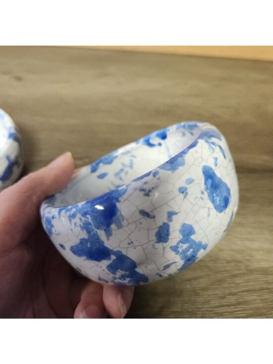 Vintage Bybee Pottery Kentucky Blue Spongeware 3.5" Bowls Signed KY Folk Art MCM - Picture 5 of 12